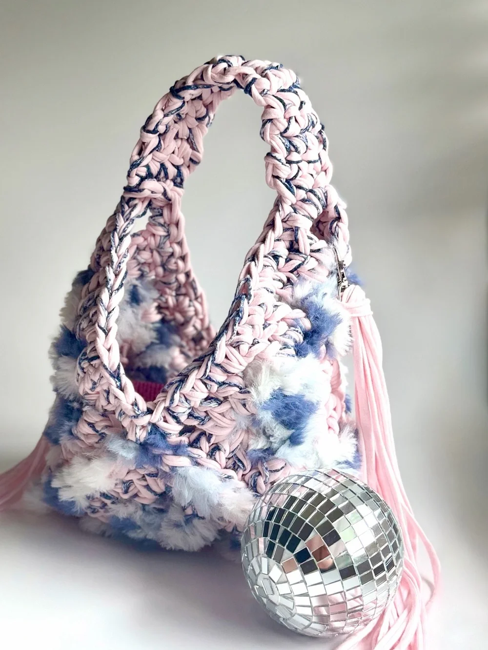 The TRIANGLE Crochet Top-Handle Bag — Pink & Blue with Fringe